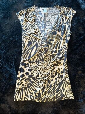 Cache Animal Print Wrap-Style Top in Black and Cream